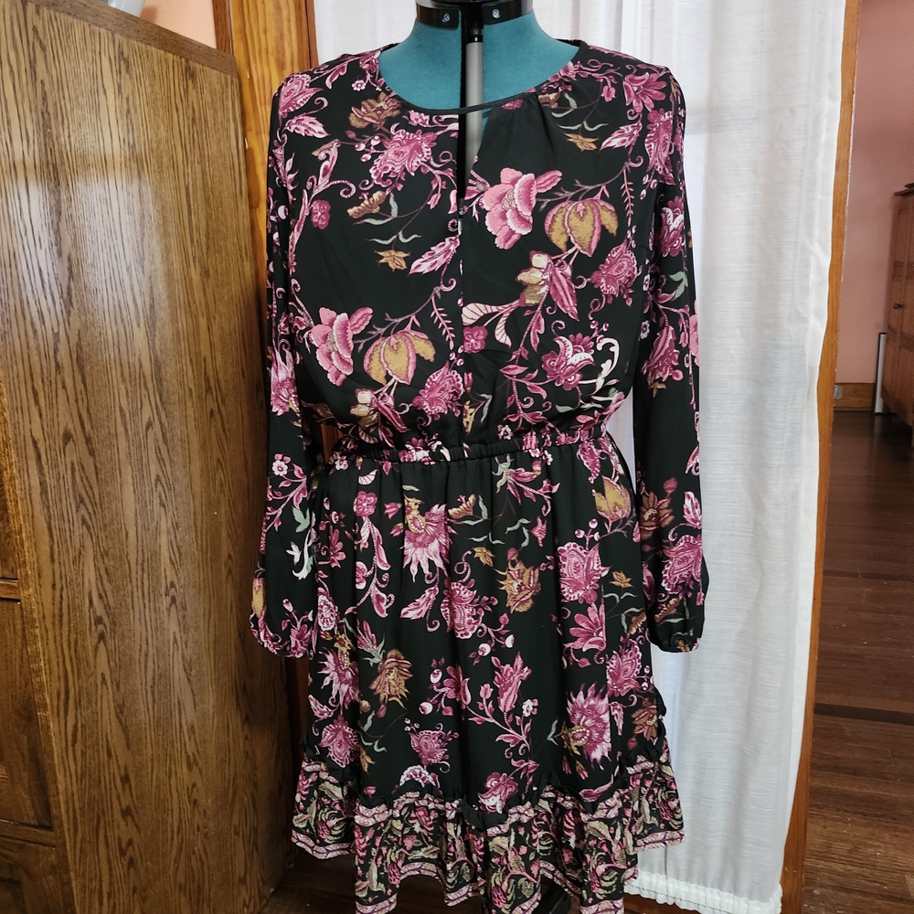 Pink and Black Ruffled Tiered Long Sleeve Dress